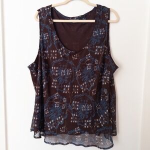 Floral Brown Blue Sheer‎ Tank Top Size 3X Blouse Plus Size Flowy Boho Y2K Retro